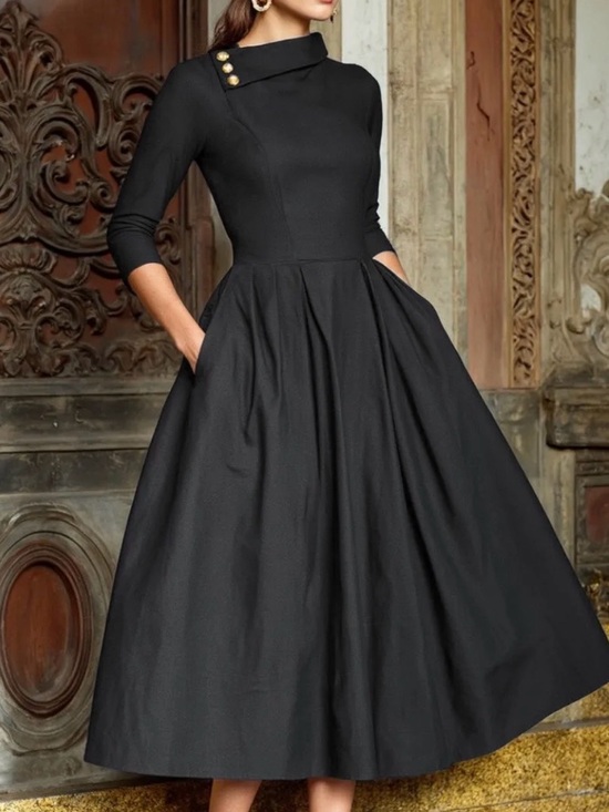Chilinen/Linen Vibes Dresses & Skirts - Elegant Black Midi Fit-and-Flare Dress with Buttoned Asymmetrical Neckline #144